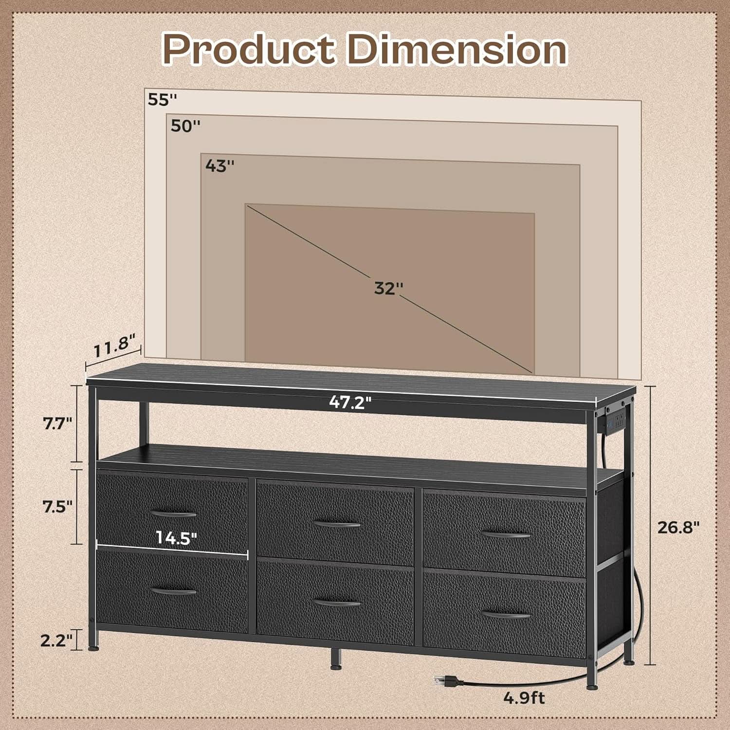 LED Premium TV Stand Dresser With Multicolor Lights 47 Inch