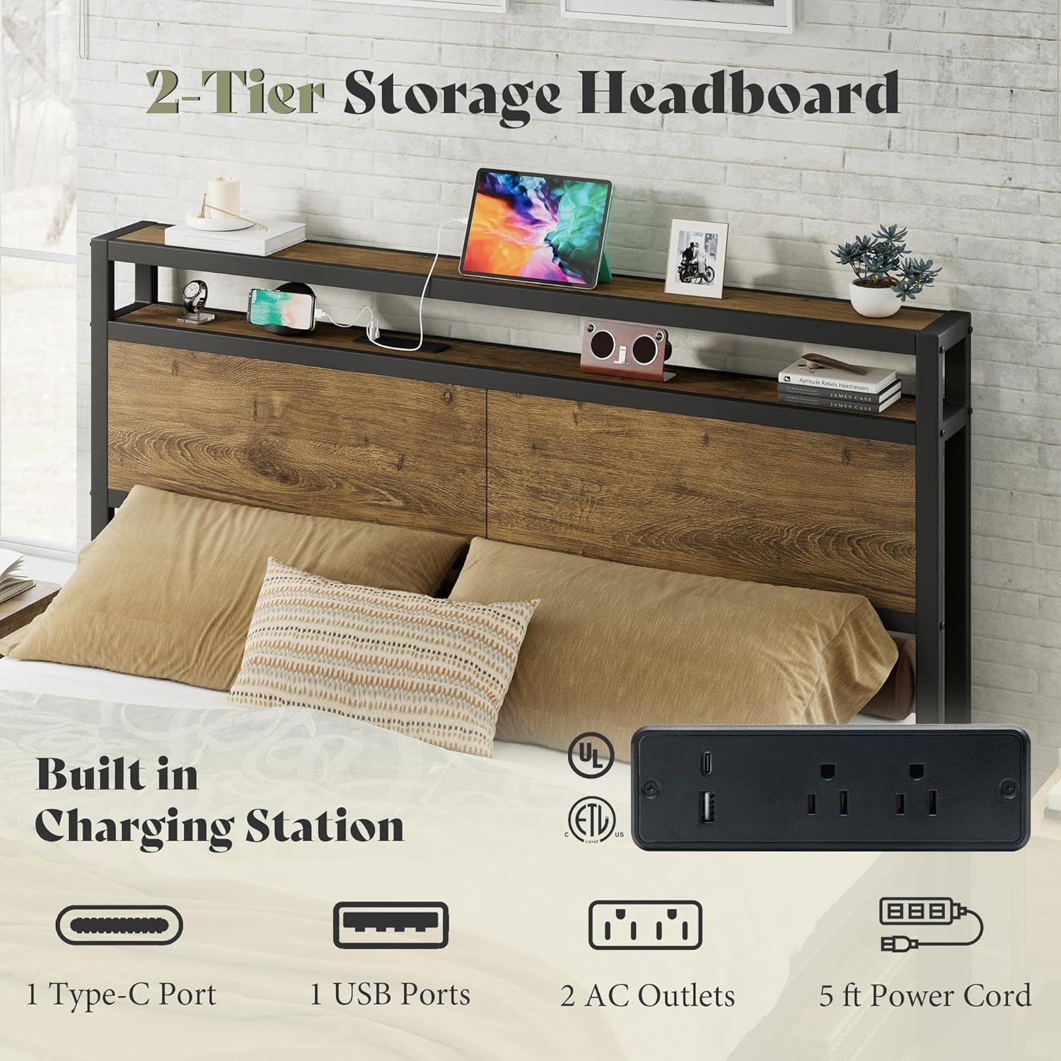 Full Size Brown Industrial Bed Frame Under bed Storage