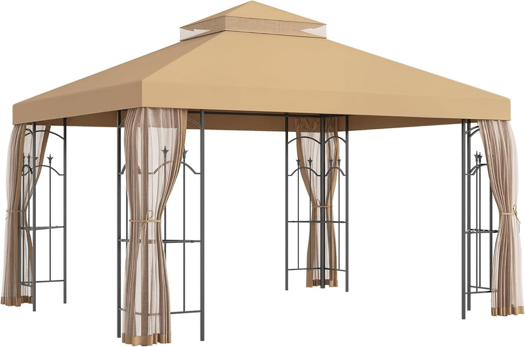 10x12 Brown Patio Gazebo Weather Resistant With Corner Shelves