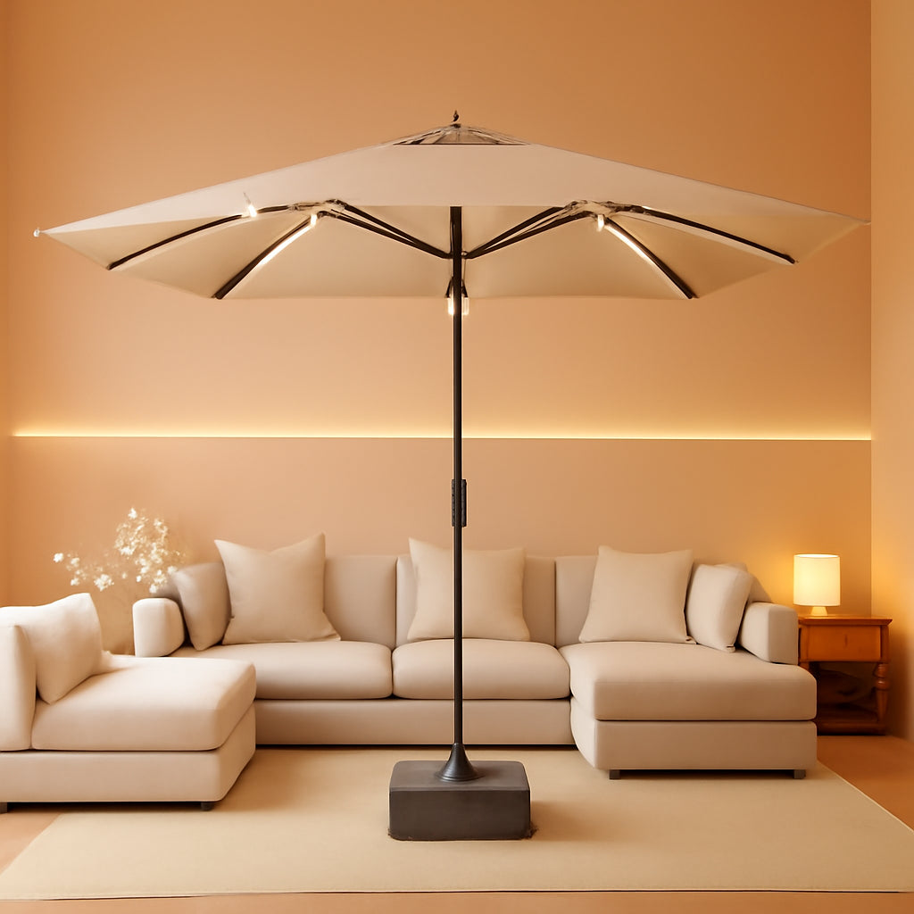 Fifteen Foot Double Sided Patio Umbrella Beige Solar LEDs