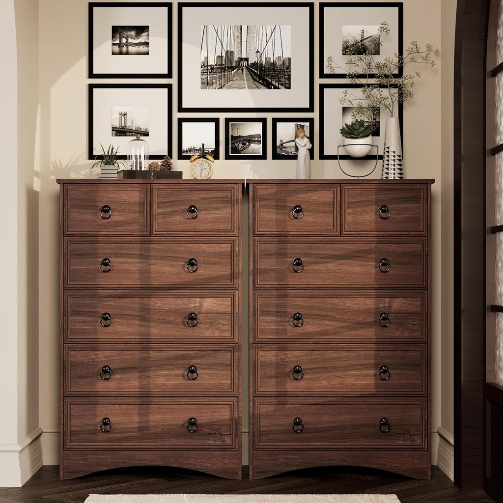 Tall Cherry Engineered Wood Dresser With Six Drawers