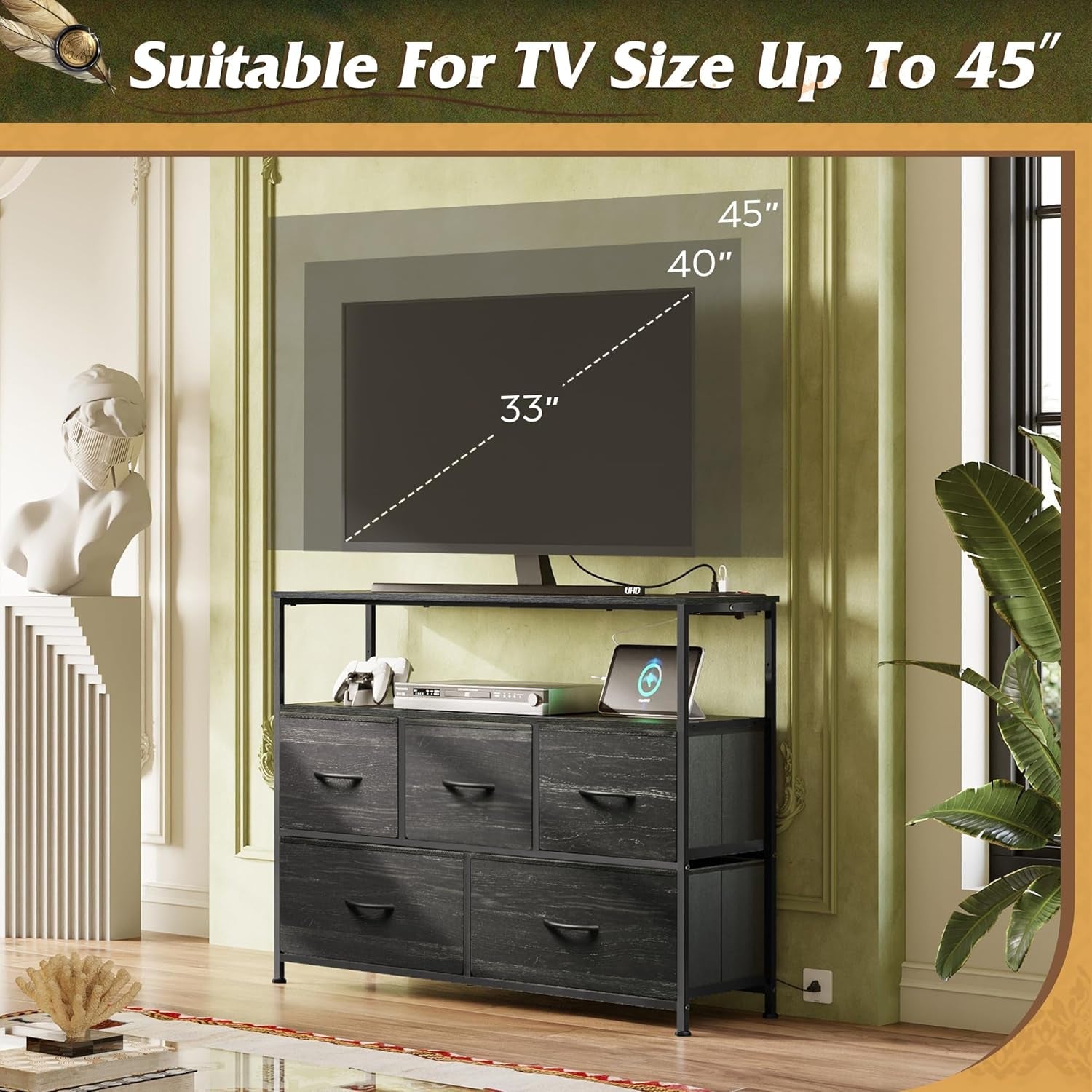 Black Five Drawers Dresser With Integrated Charging