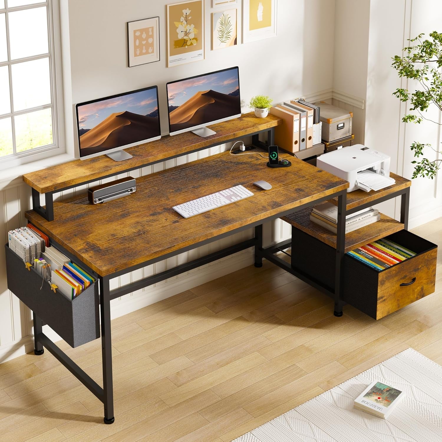 56Inch Rustic Brown Executive Office Workstation Drawers