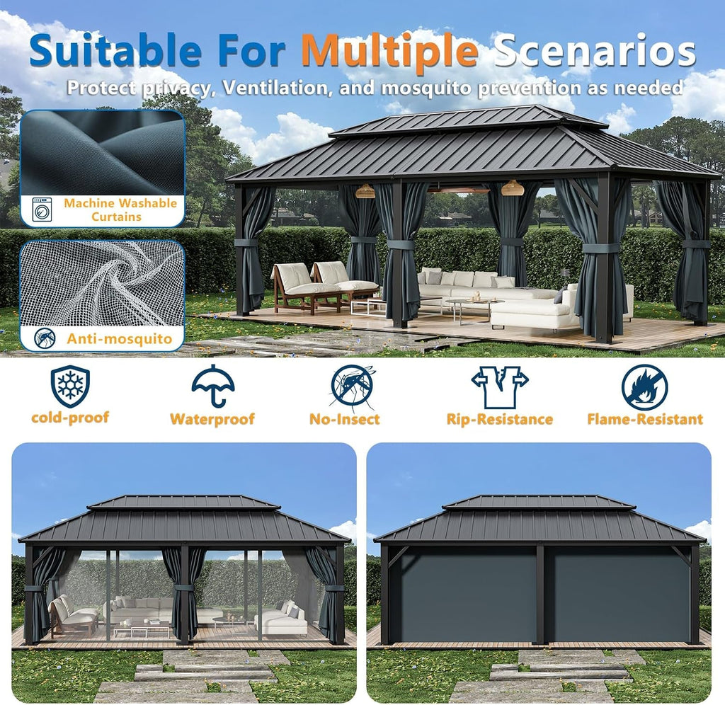 12x20 Hardtop Gazebo Reinforced Frame Privacy Curtains Black