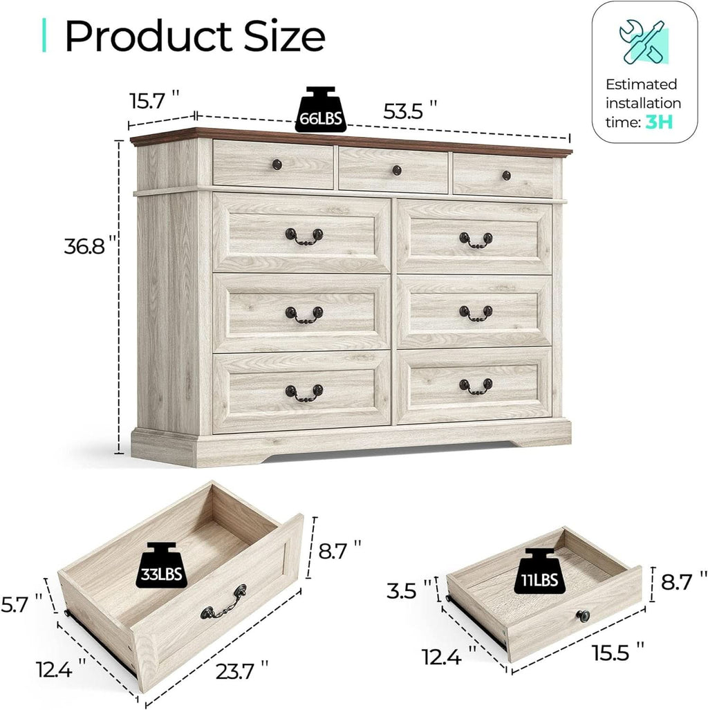 Beige Finish Solid Wood Dresser With Nine Storage Drawers