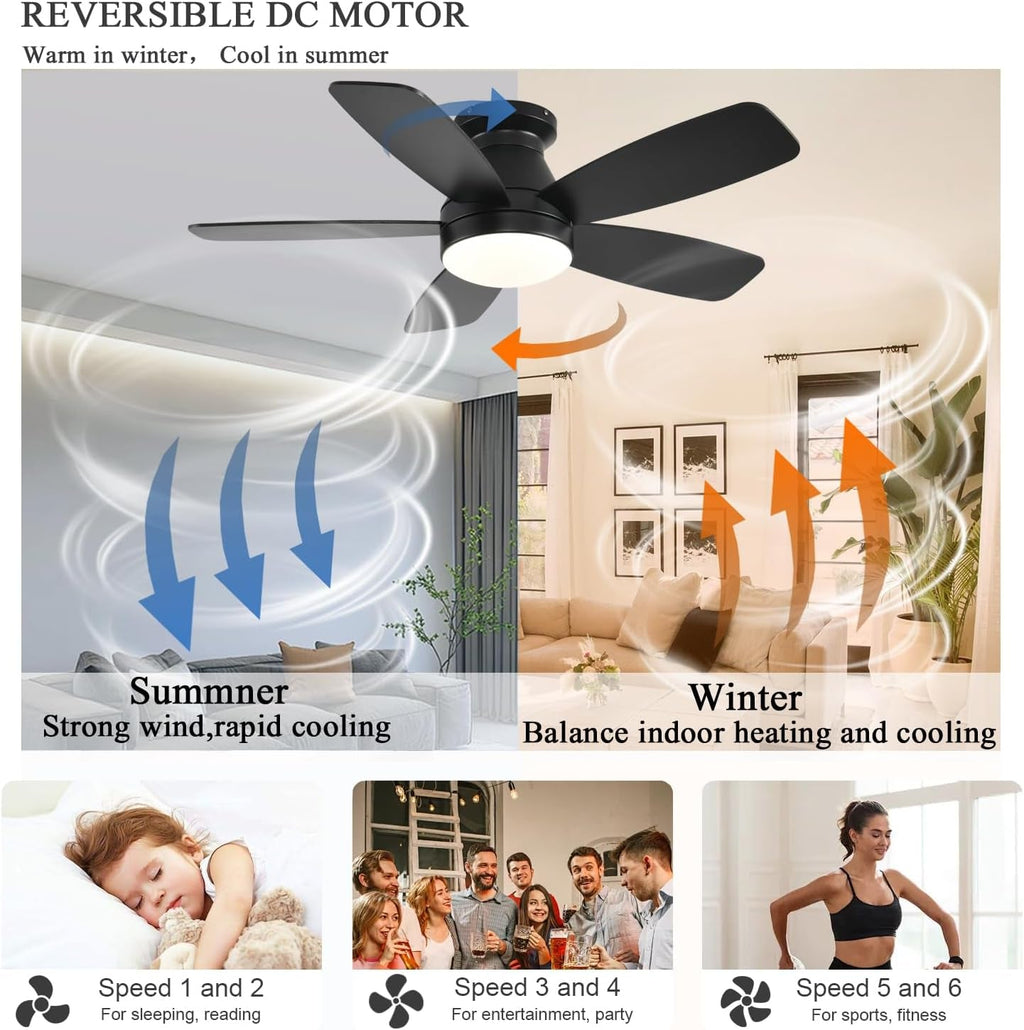 42 Inch Black Flush Mount Ceiling Fan With LED Lighting
