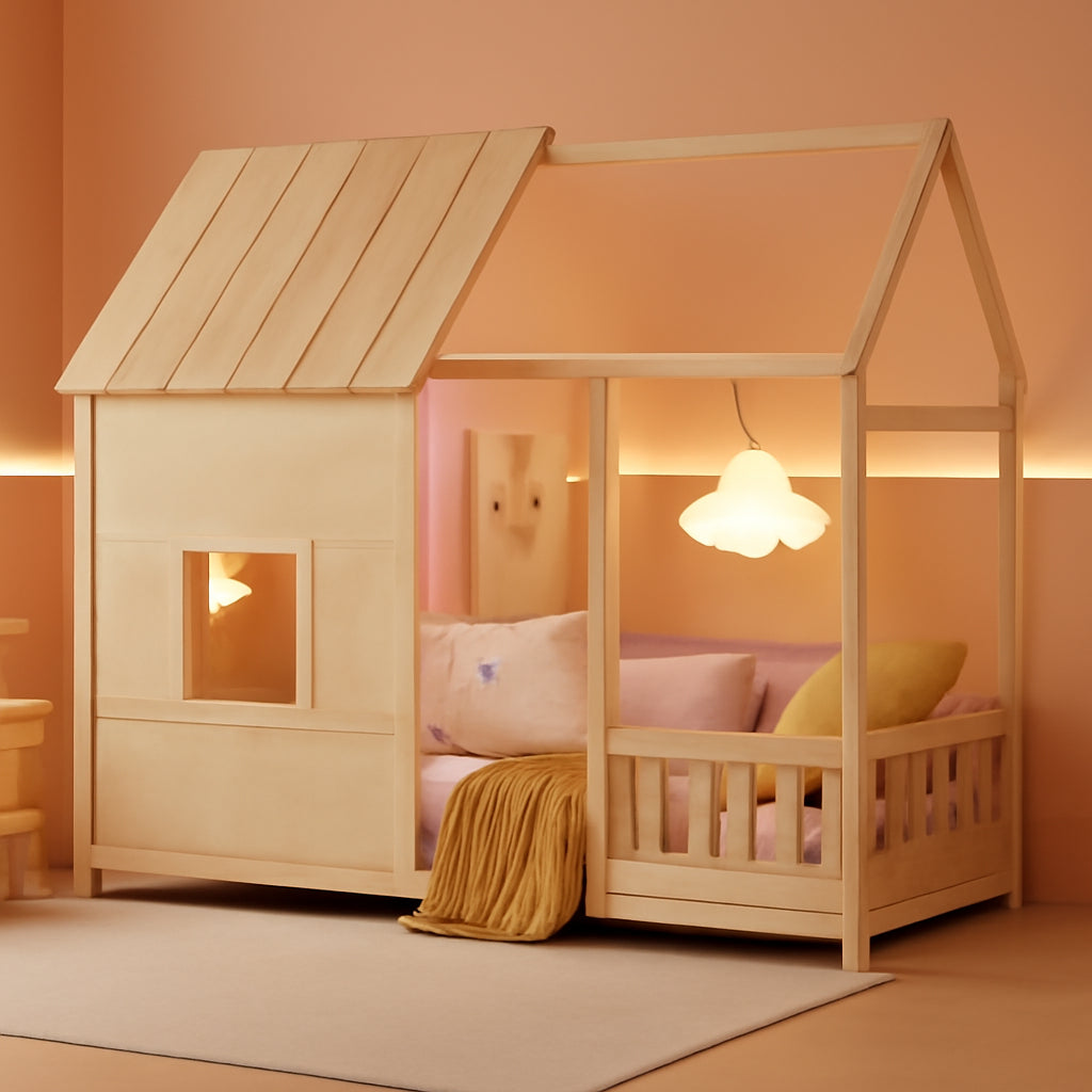 Natural Wood Montessori Twin House Bed Bookcase LED
