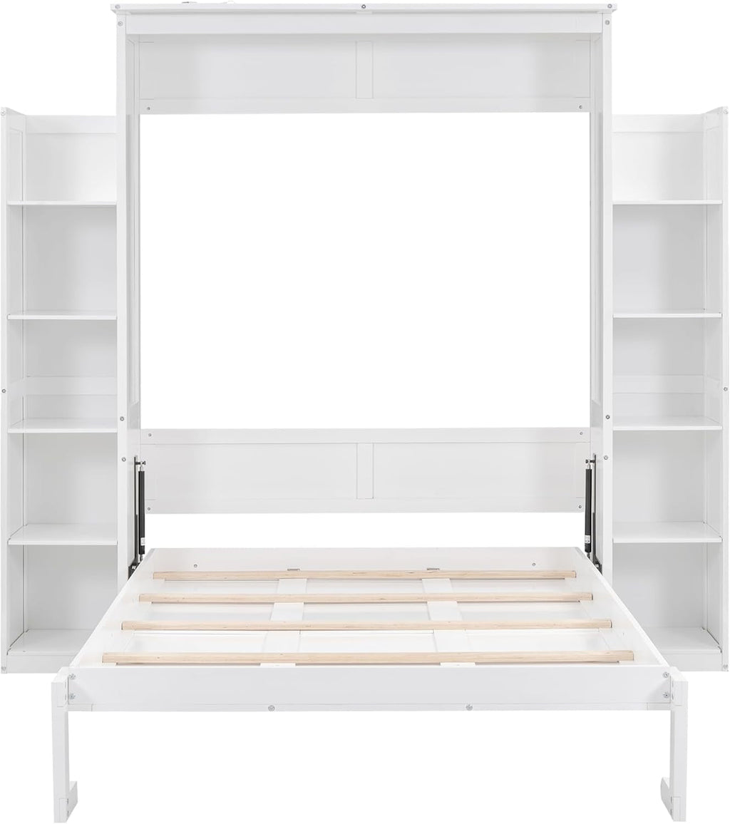 Full Murphy Bed White With BuiltIn Storage Shelves LED