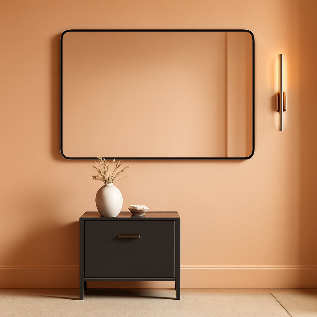 55x30 Inch Matte Black Tempered Glass Bathroom Mirror