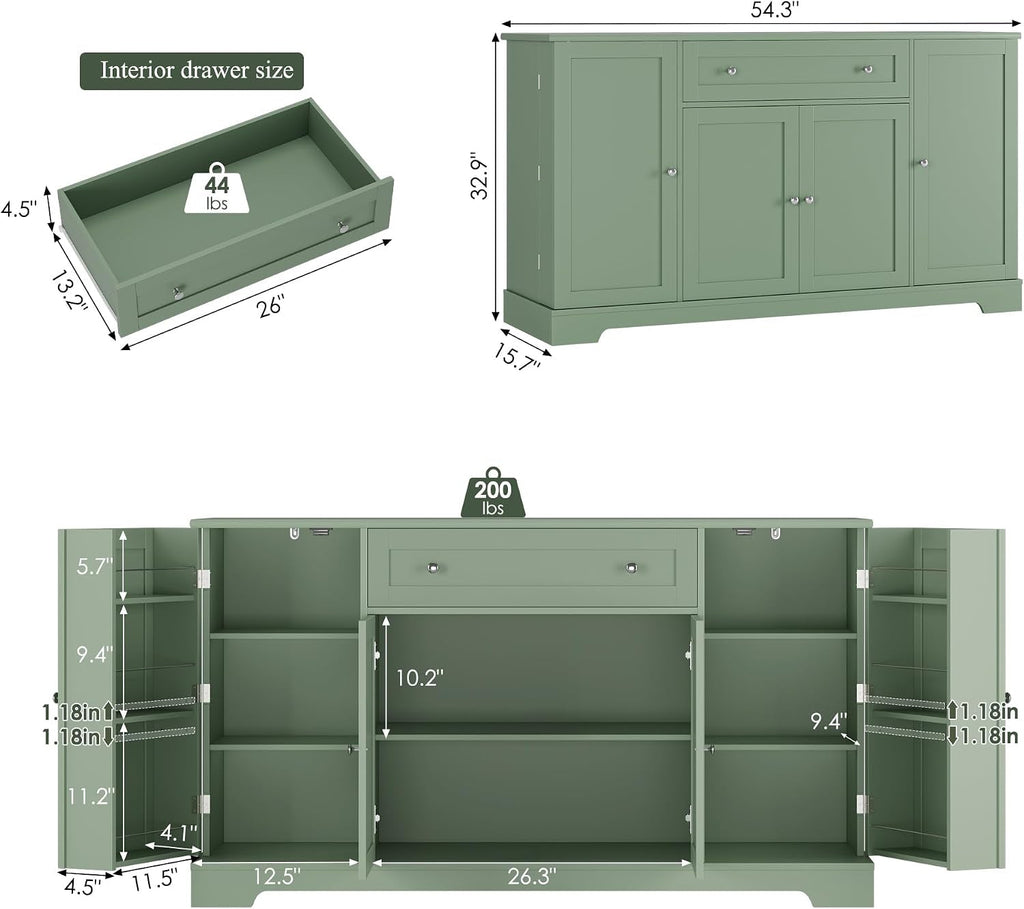 Green Industrial Buffet Cabinet With Adjustable Shelves