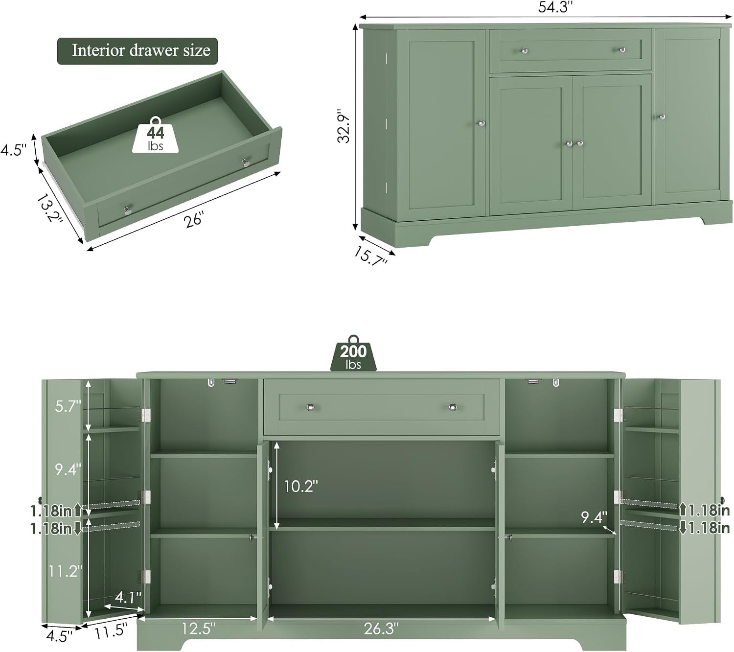 Green Industrial Buffet Cabinet With Adjustable Shelves