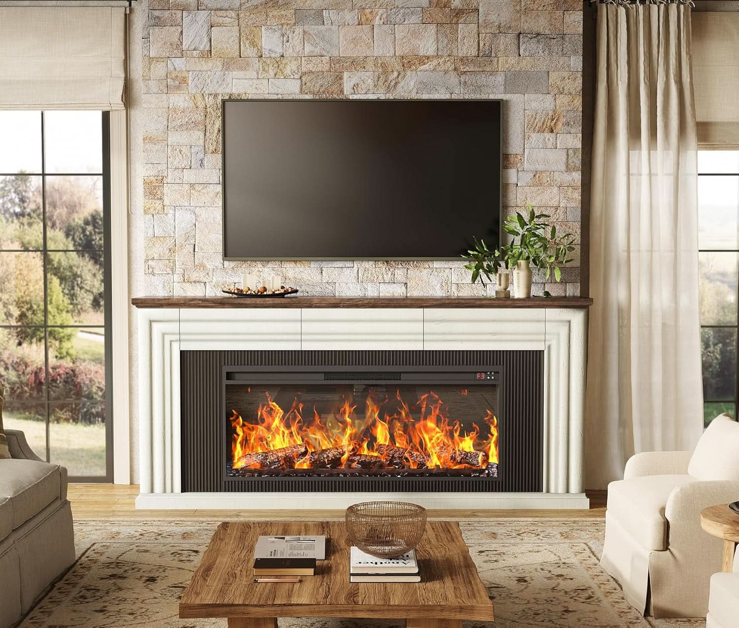 70 Inch Distressed White Electric Fire place TV Stand