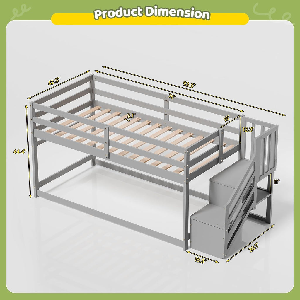 Charcoal Gray Space Saving Twin Over Bunk Bed Staircase