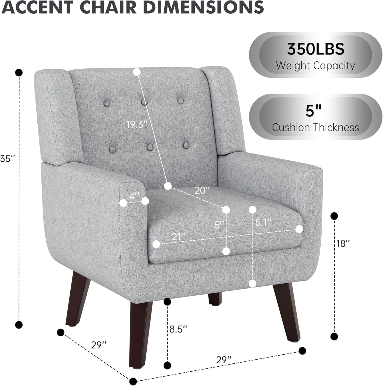 Mid Century Upholstered Linen Accent Armchair Grey