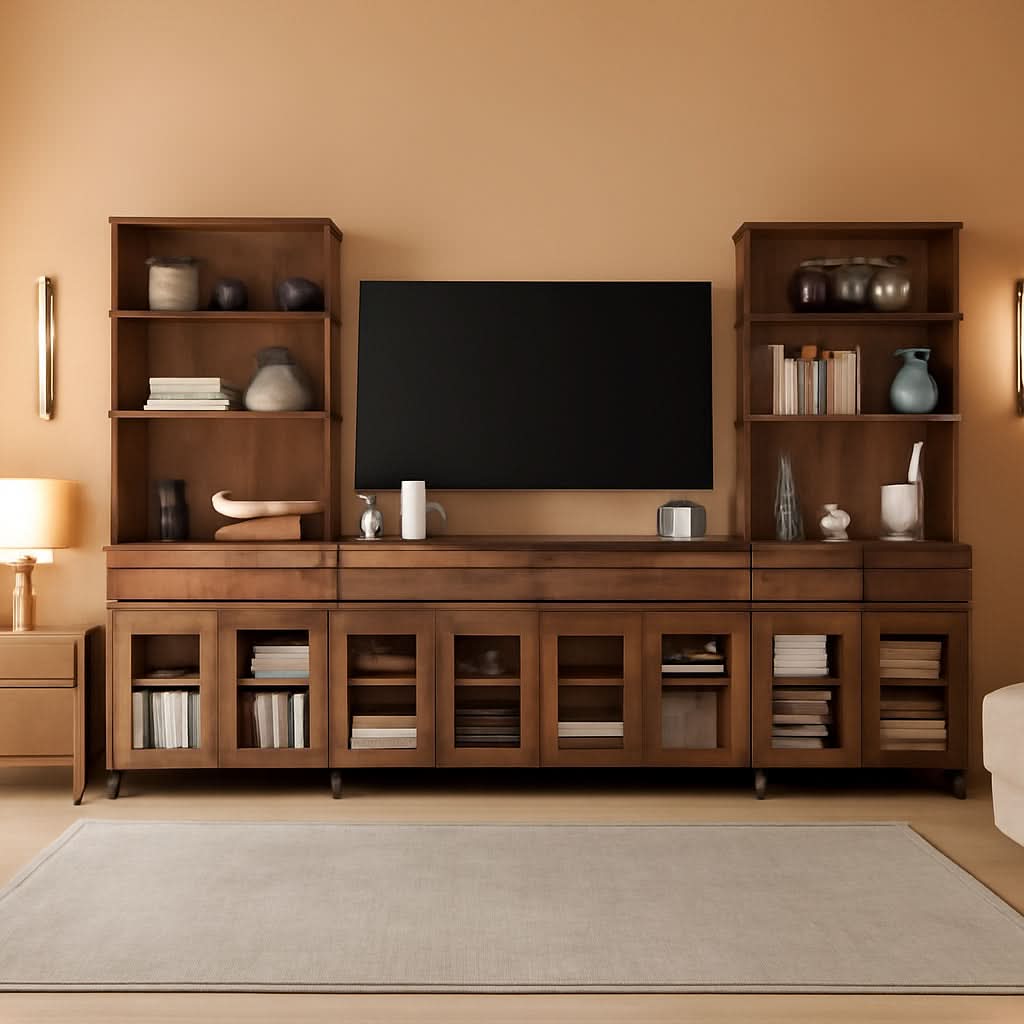 Brown Three Tier Entertainment Console With Drawers