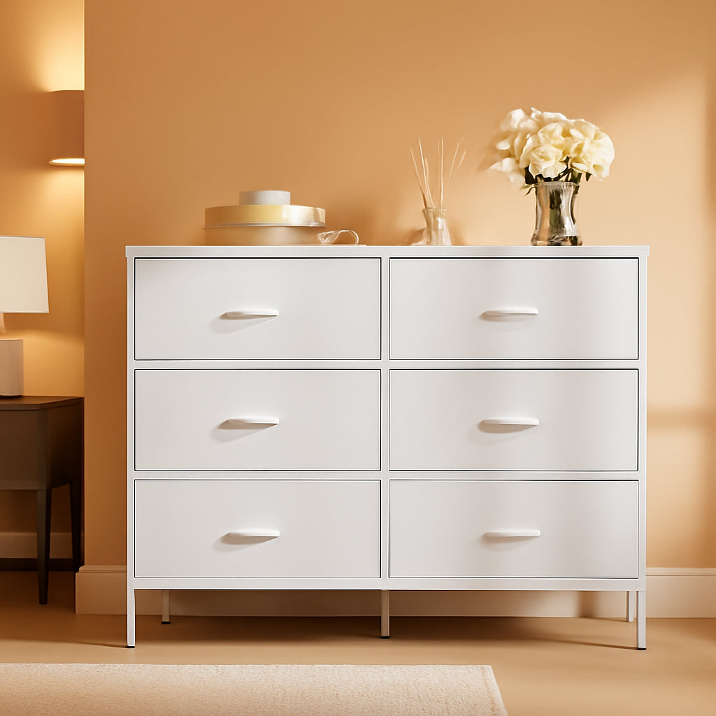White Engineered Wood Dresser With Six Fabric Drawers