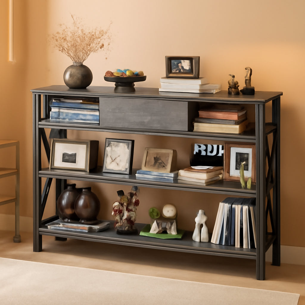 47 Inch Industrial Console Table With Drawer Grey Oak Finish