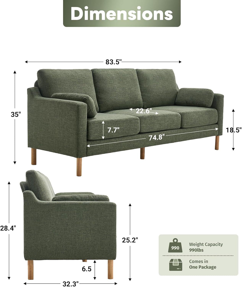 Dark green Linen Upholstered Mid Century Modern Sofa
