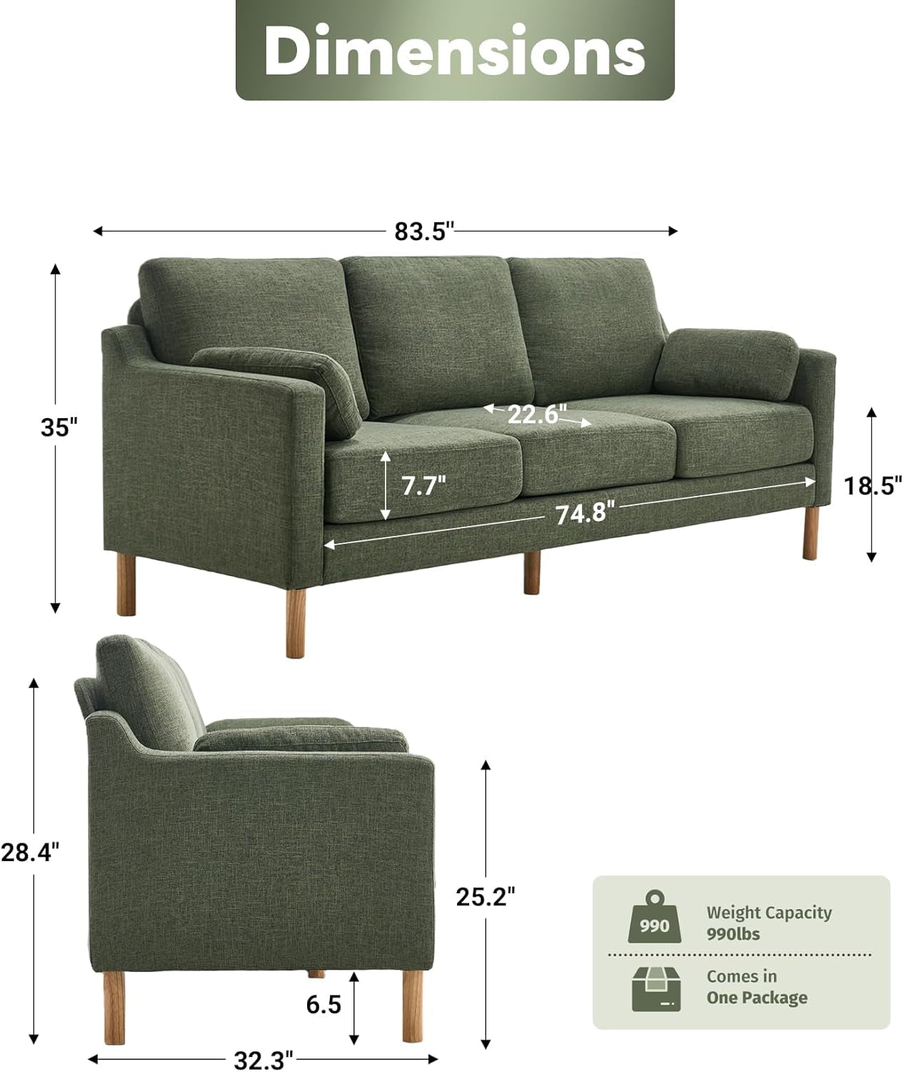 Dark green Linen Upholstered Mid Century Modern Sofa