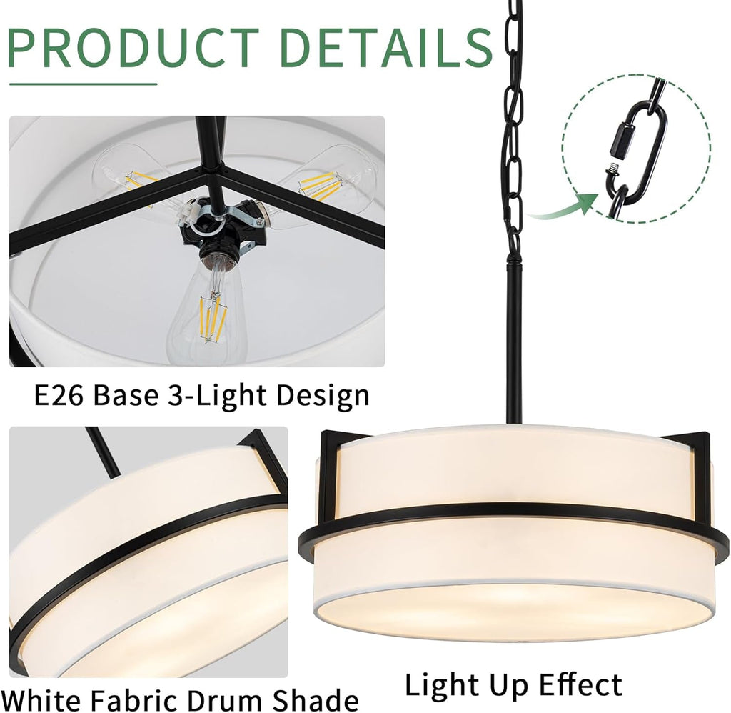 Pure White Linen Drum Pendant Chandelier 15.7Inch Wide