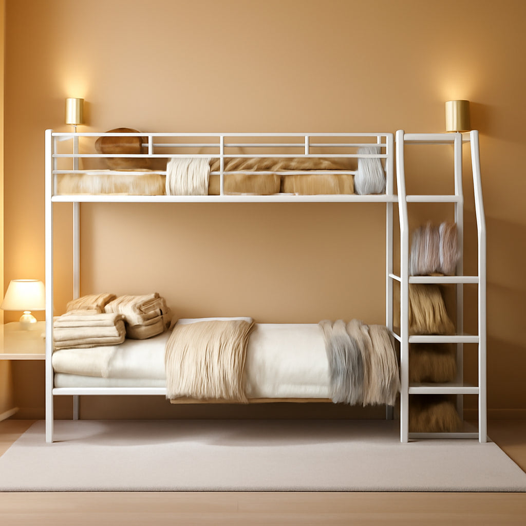 Premium White Metal Bunk Bed With Wardrobe Storage Unit