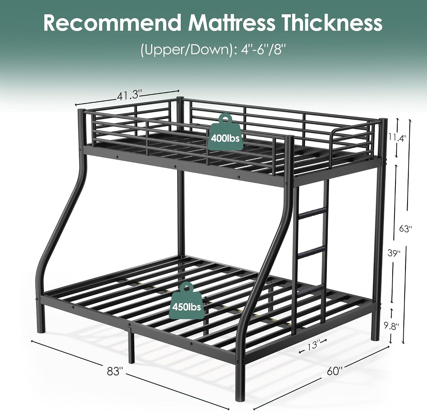 Twin XL Over Queen Bunk Bed Heavy Duty Metal Black Finish