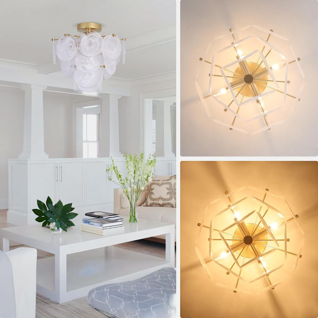 Golden Glass 4-Light Flush Mount Ceiling Chandelier