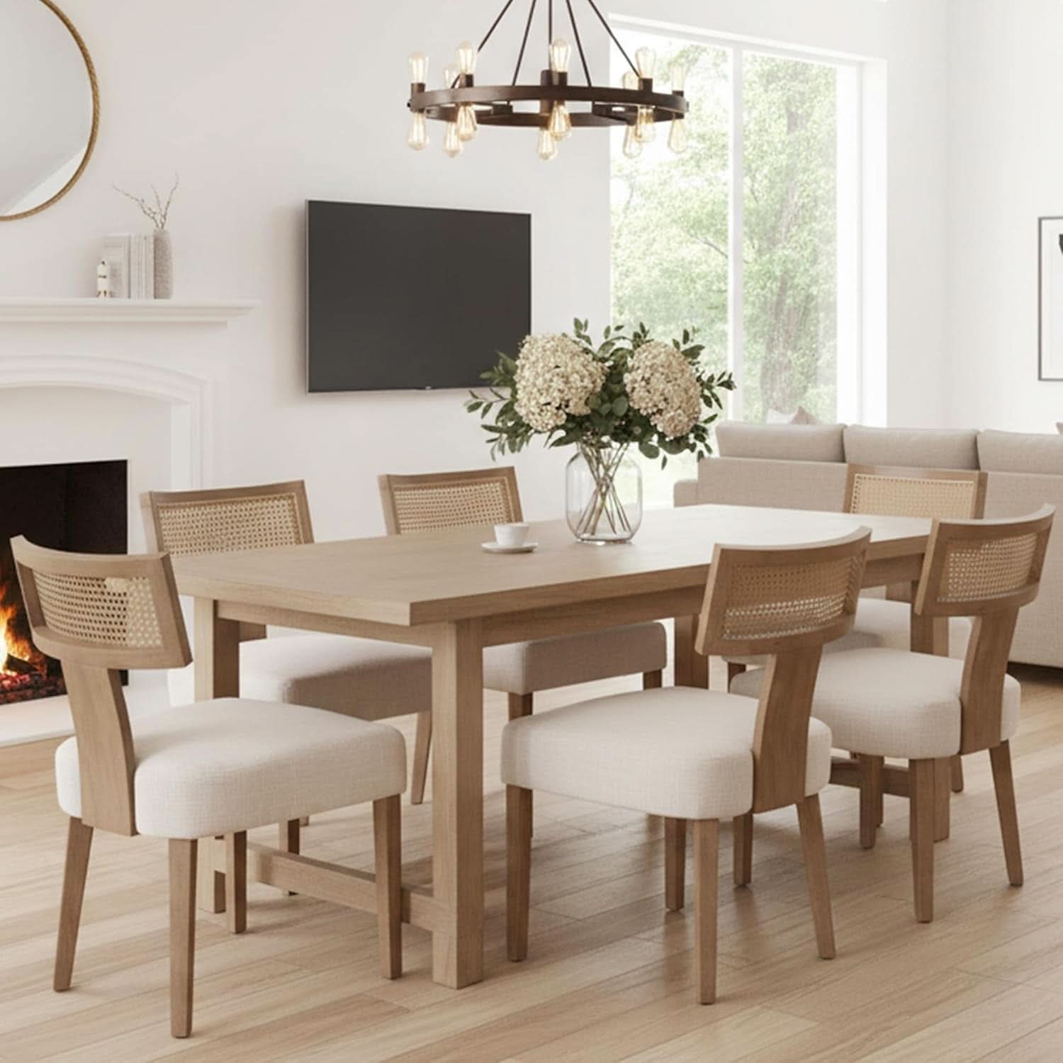 Beige Mid Century Rattan Dining Chairs Upholstered