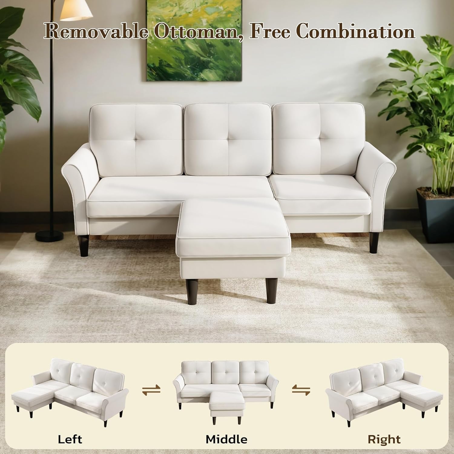 Beige 83Inch Contemporary Sectional Sofa With Ottoman