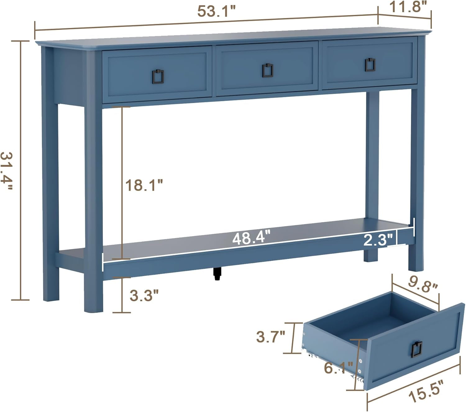 Blue Contemporary Console Table 53 Inch With Drawers
