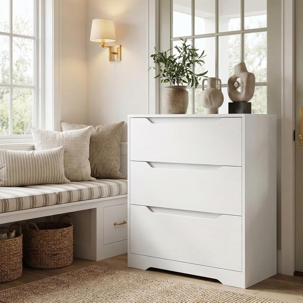 White Contemporary Solid Dresser With Three Drawers