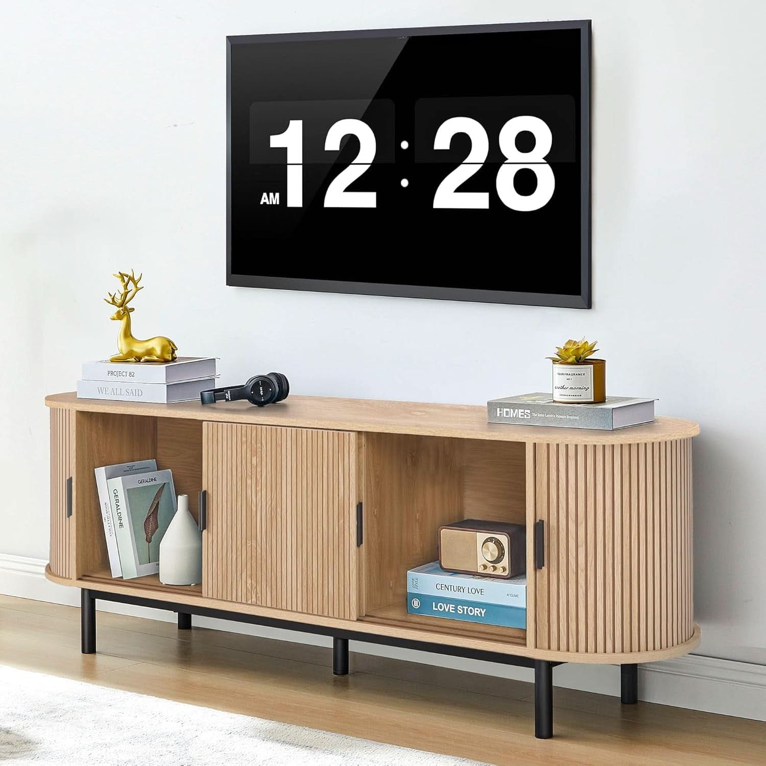 63 Inch Fluted TV Stand With Sliding Doors Natural Walnut Finish