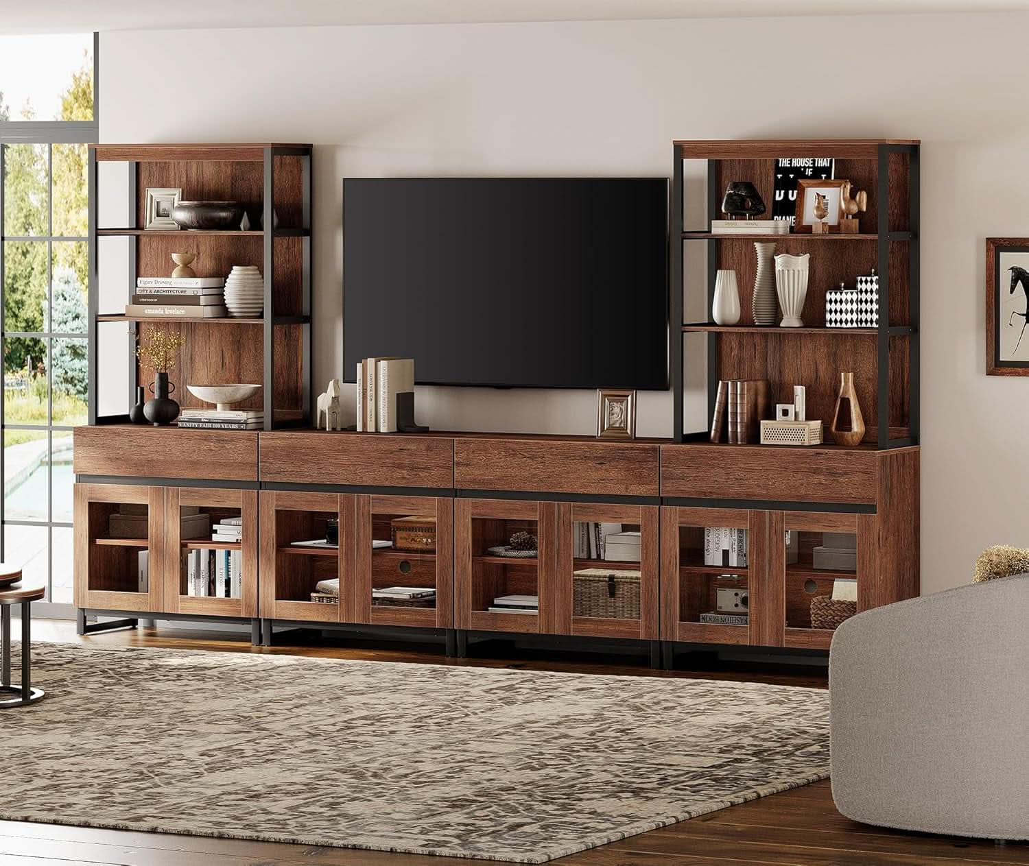 Brown Three Tier Entertainment Console With Drawers