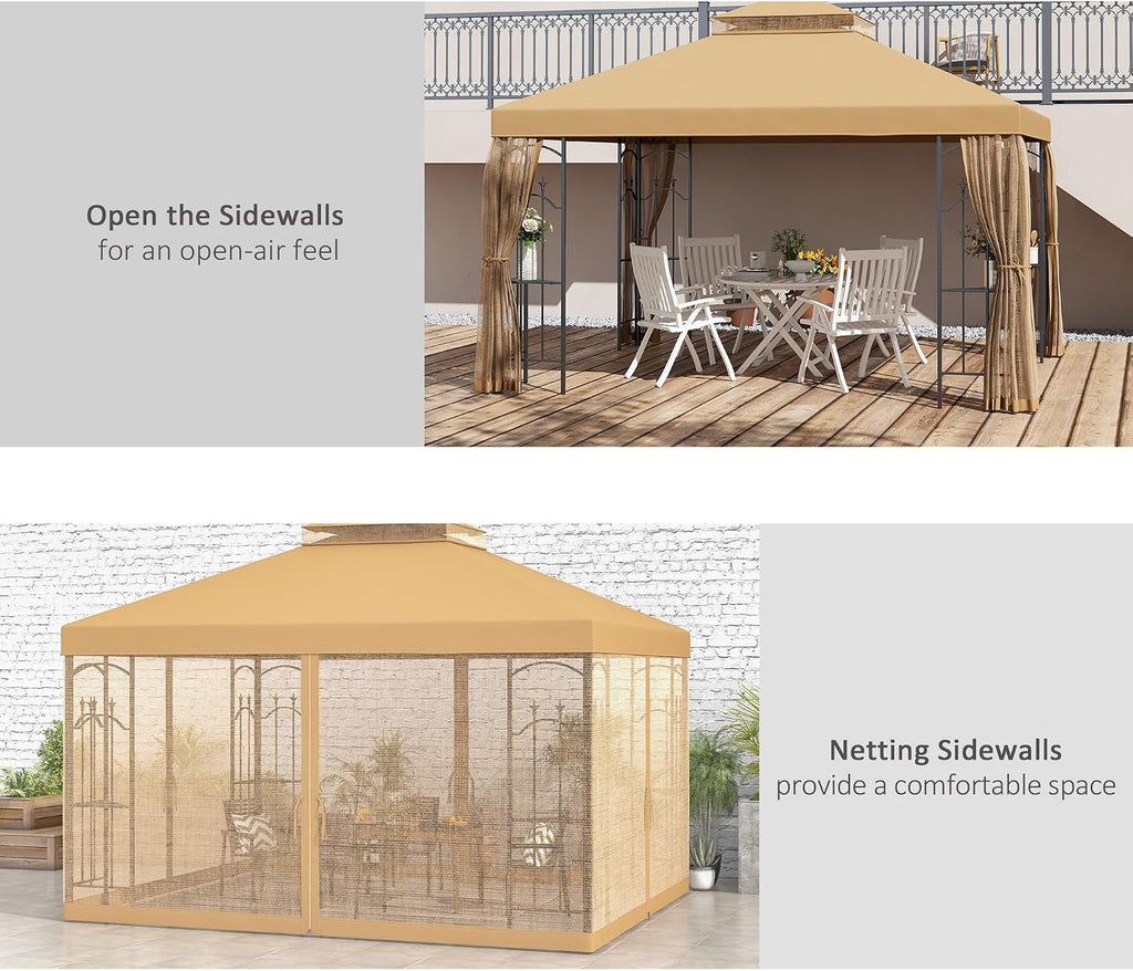 10x12 Brown Patio Gazebo Weather Resistant With Corner Shelves