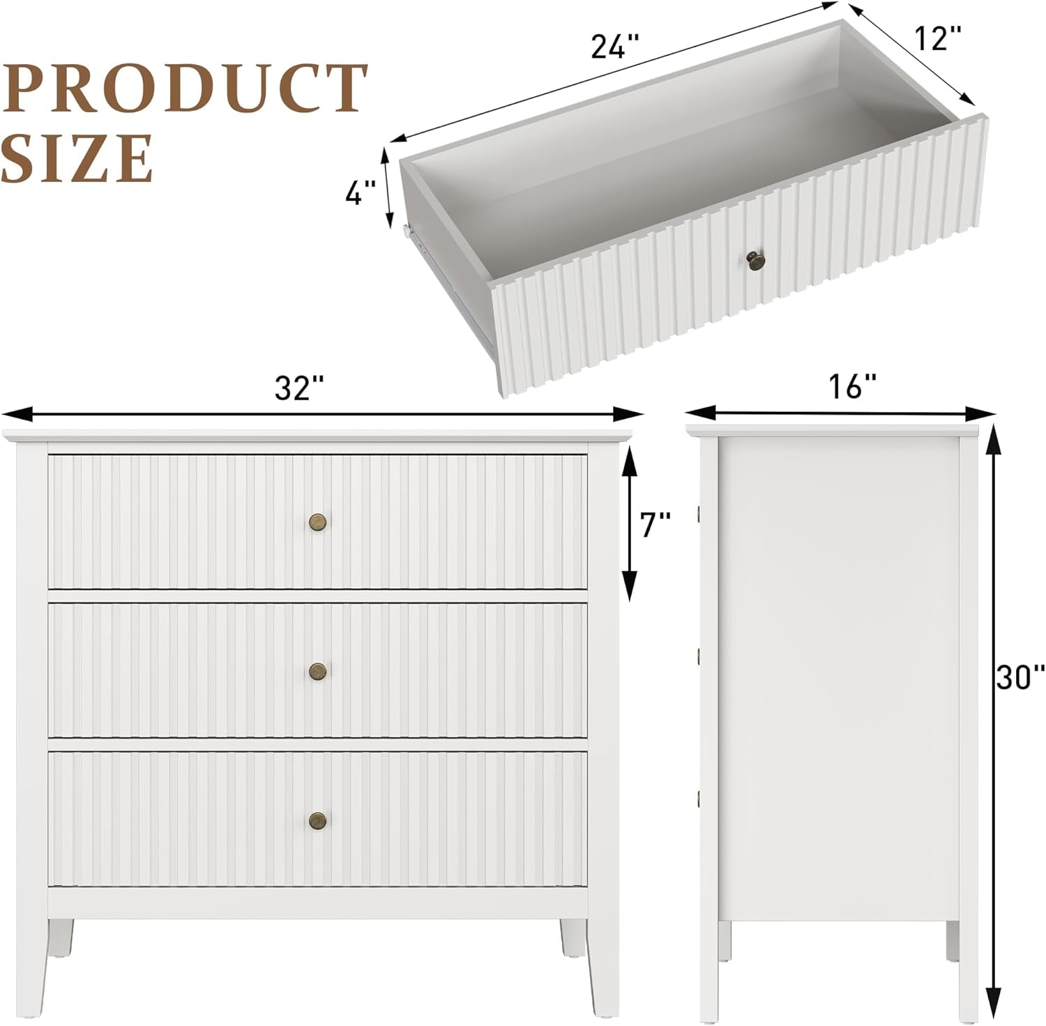White Fluted 32 Inch Wide Three Drawer Dresser Cabinet