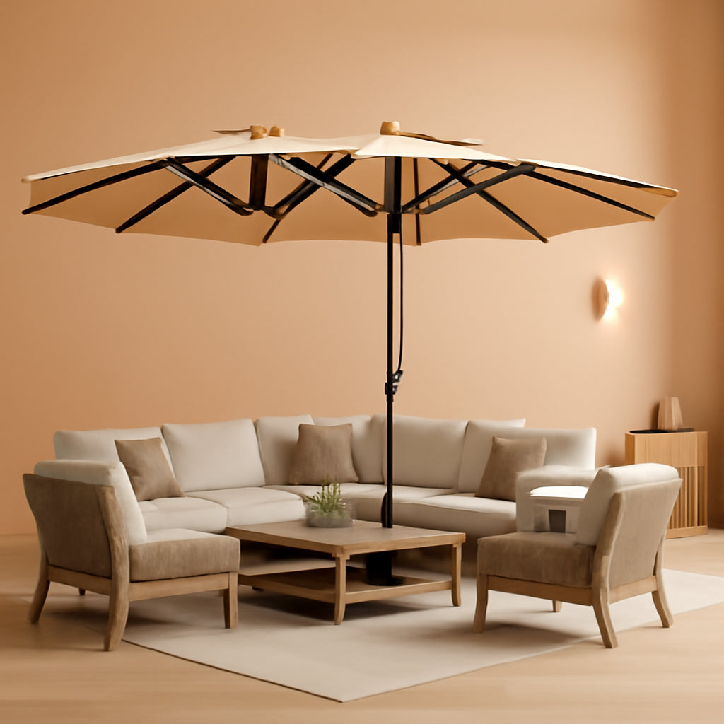 Fifteen Foot Beige Patio Umbrella With Deluxe Crank