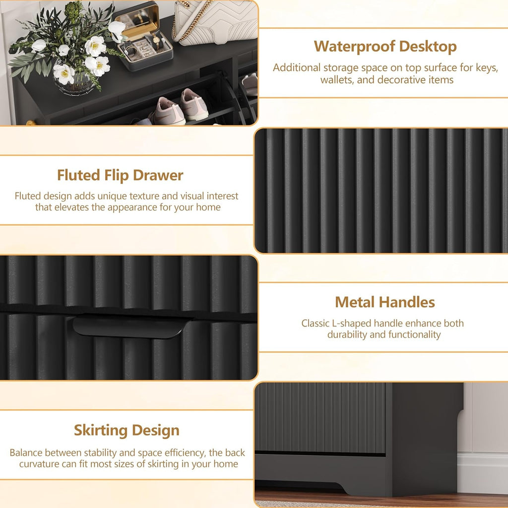 Black Fluted Shoe Cabinet With Adjustable Shelving