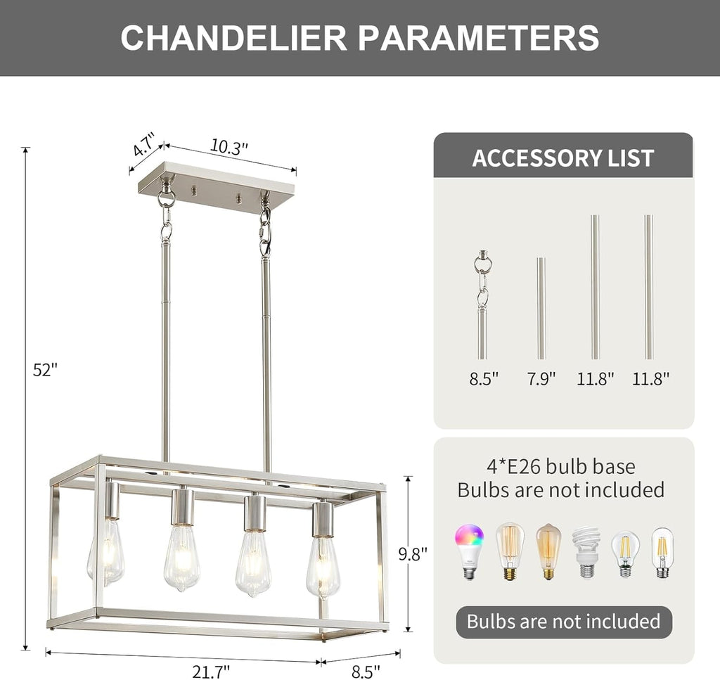 Brushed Nickel Four Light Rectangular Dining Pendant
