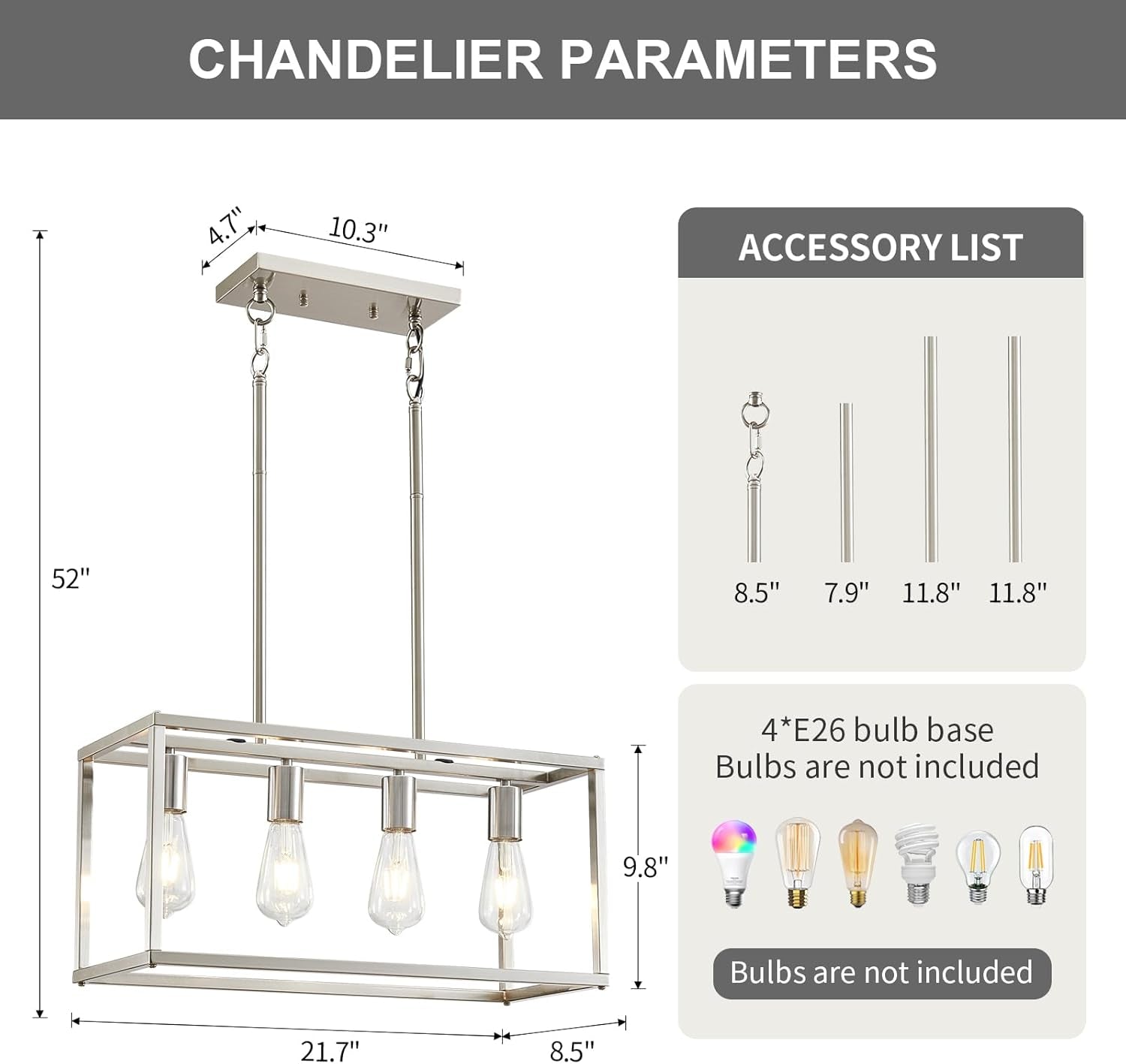 Brushed Nickel Four Light Rectangular Dining Pendant