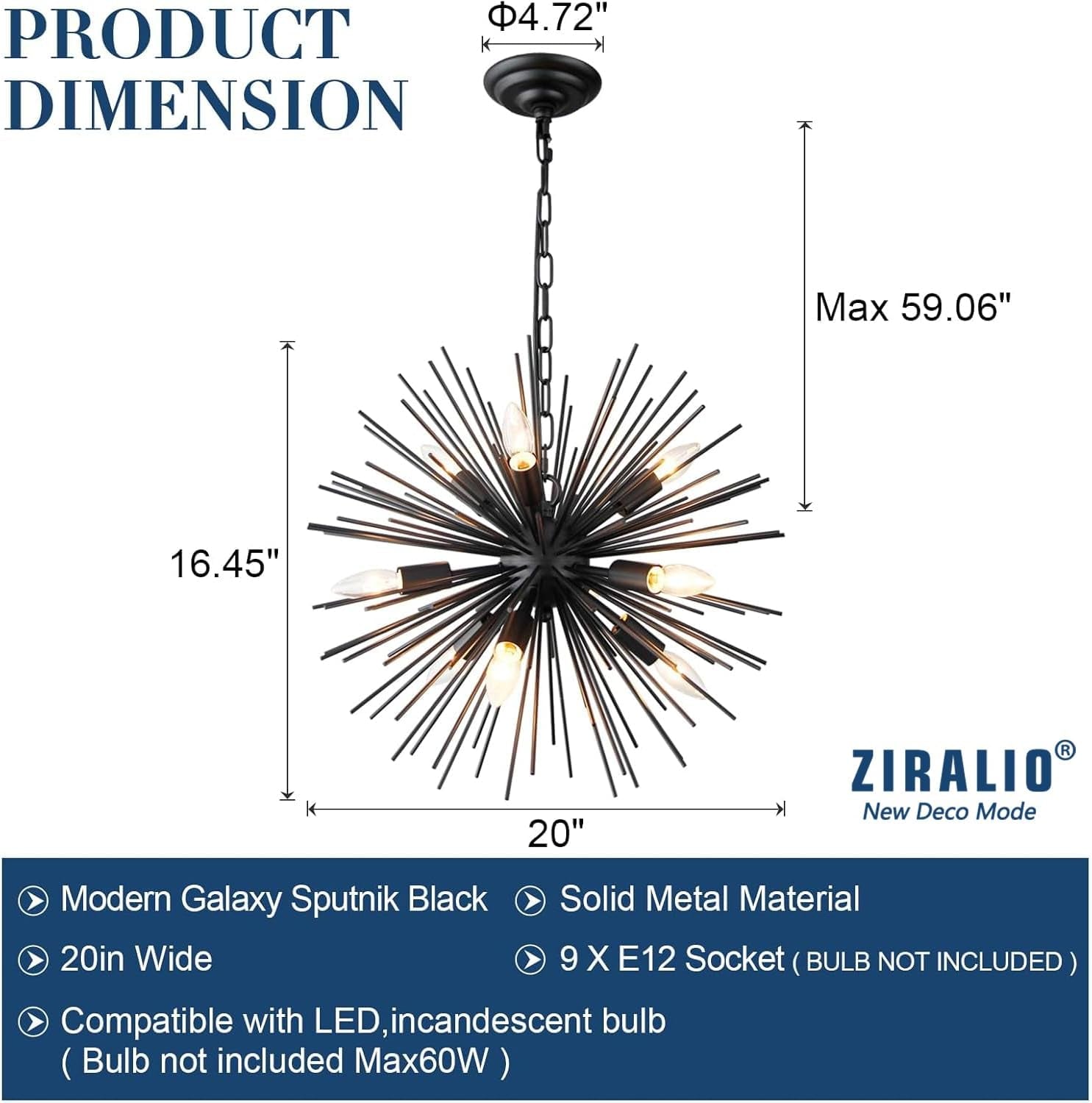 Twenty Inch Black Sputnik Chandelier Luxurious Nine Light