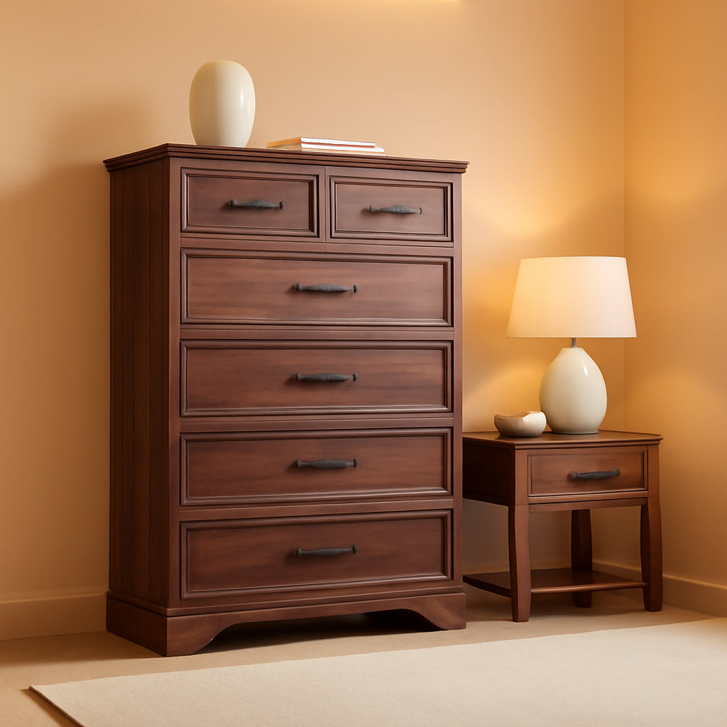 Walnut Farmhouse Chic Dresser 44 Inches Six Drawers