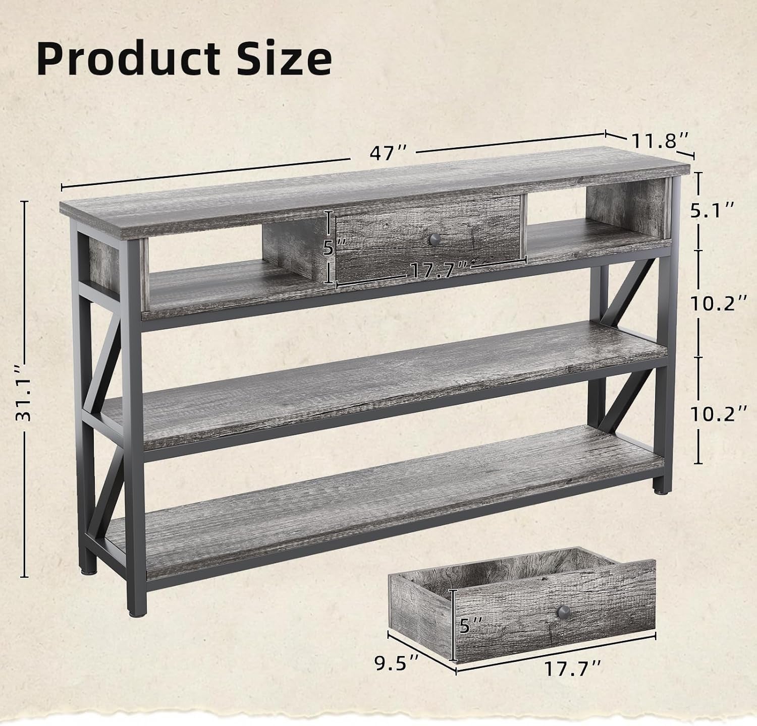 47 Inch Industrial Console Table With Drawer Grey Oak Finish