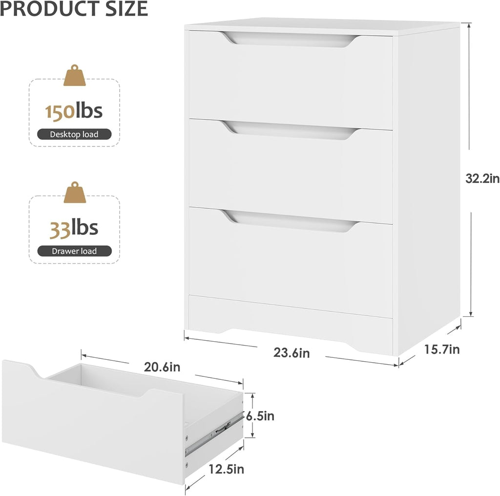 White Contemporary Solid Dresser With Three Drawers