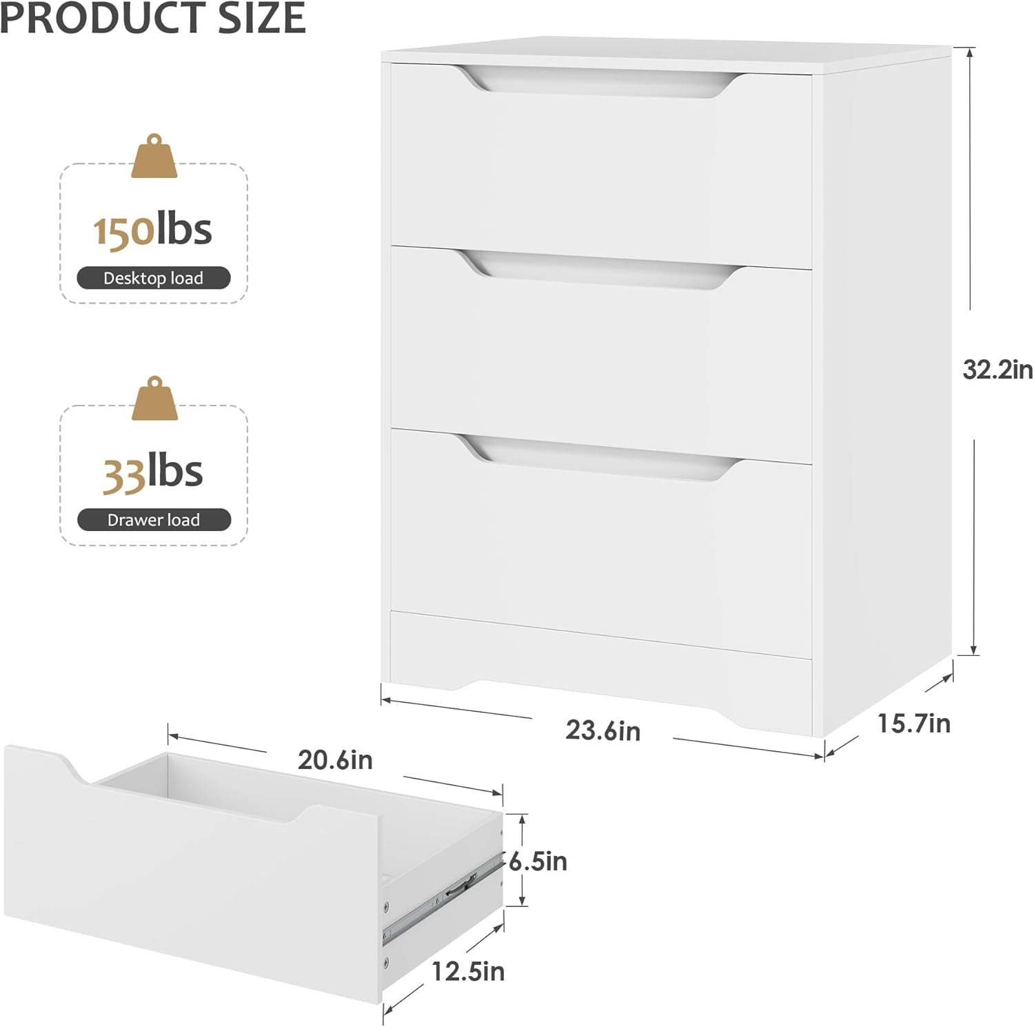 White Contemporary Solid Dresser With Three Drawers