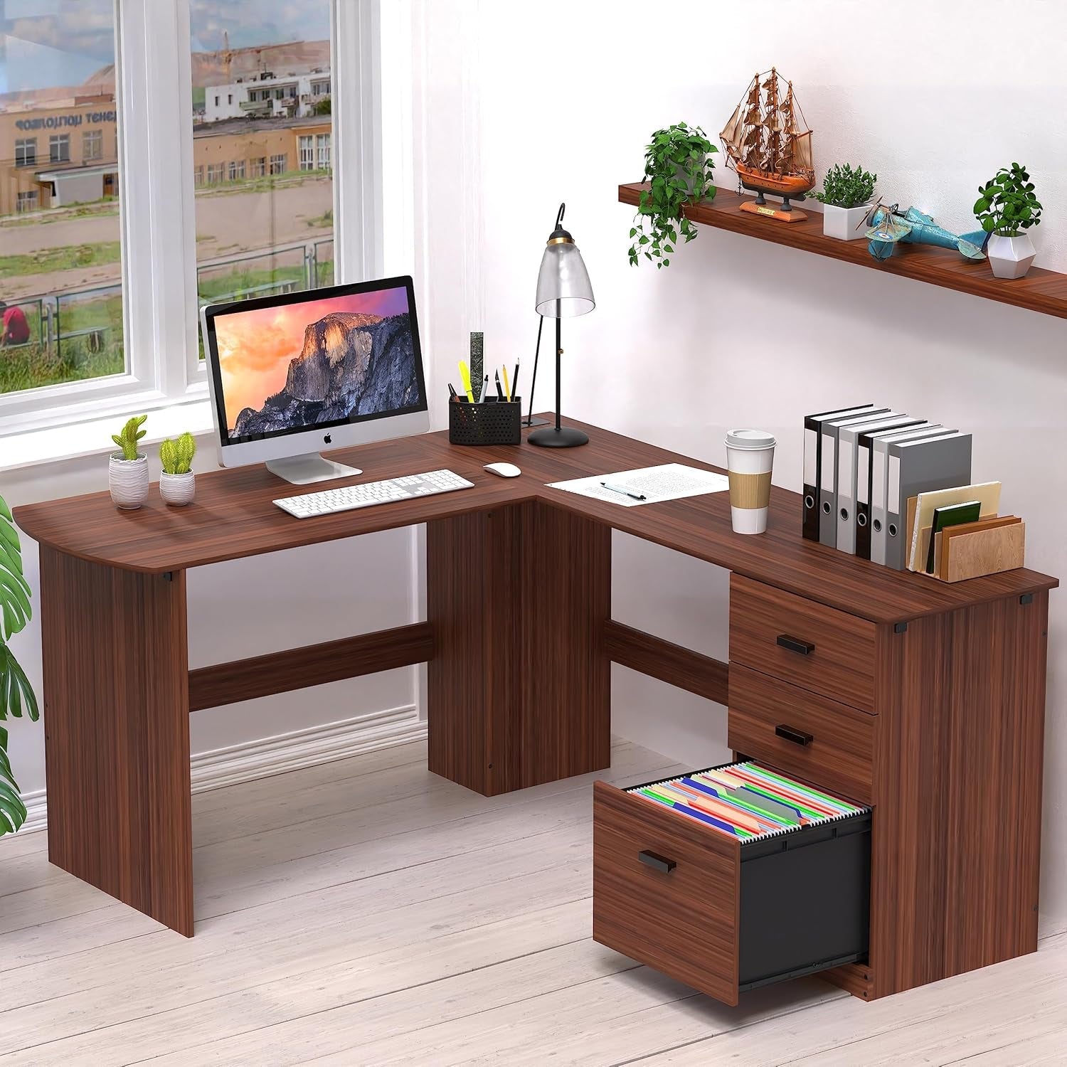Walnut L Shaped Desk With Integrated Storage Drawers 51x59