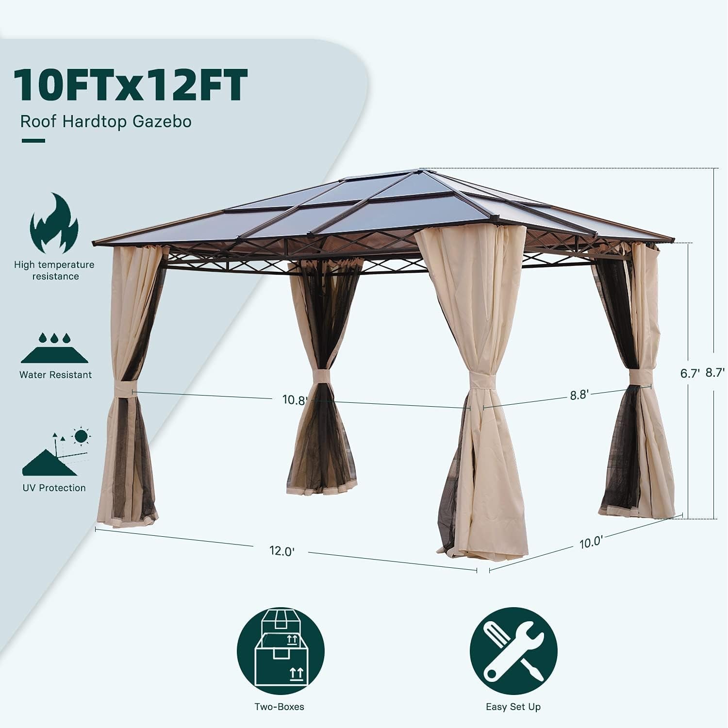 10x12 Outdoor Gazebo Hardtop Aluminum Frame UV50 Plus