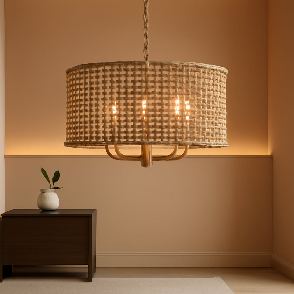 Golden Handwoven Rattan Drum Chandelier Dining Room