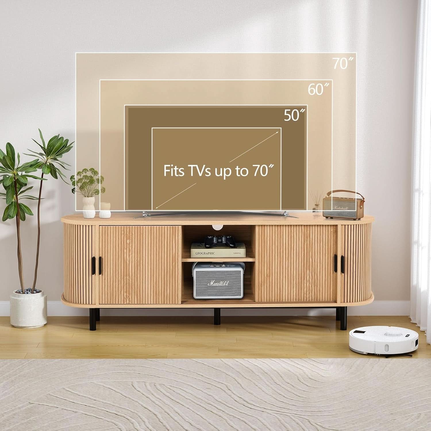 63 Inch Fluted TV Stand With Sliding Doors Natural Walnut Finish