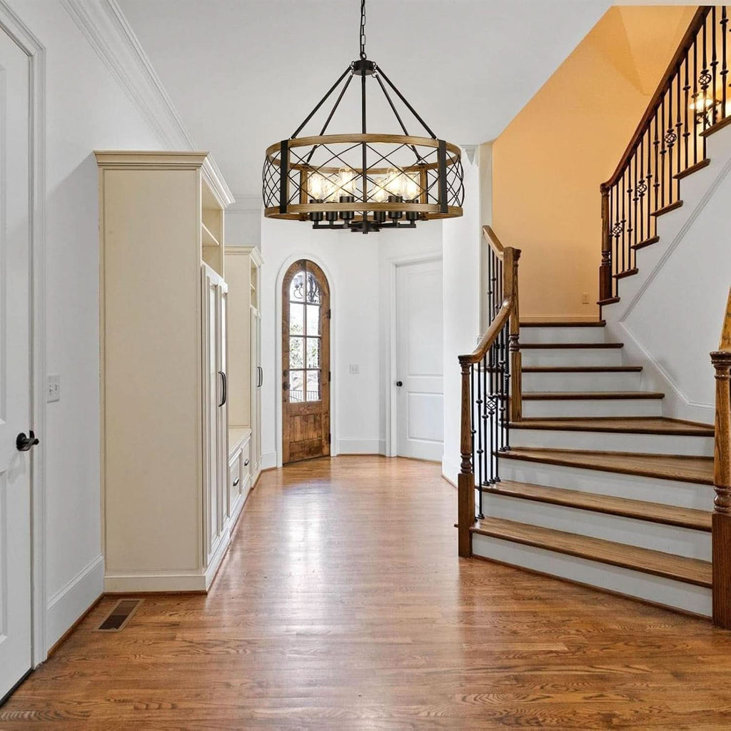 Six Light Walnut Wood Grain Finish Farmhouse Chandelier