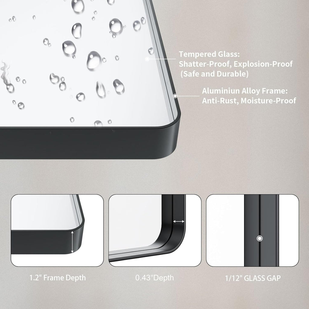 55x30 Inch Matte Black Tempered Glass Bathroom Mirror